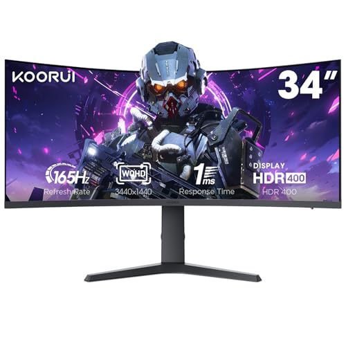 KOORUI 34" Curved Gaming Monitor, WQHD 165Hz, 1ms, HDR, VA Panel