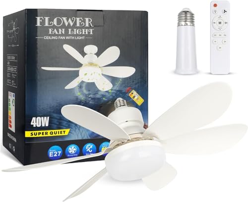 DGE E27 Socket Fan Light Combo, Silent Remote Fans with Dimmable LED, Wireless for Garage Kitchen Bedroom - Energy Class A