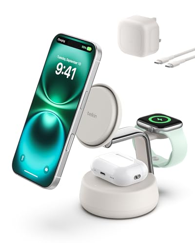 Belkin UltraCharge Pro 25W Magnetic Wireless Charger for iPhone, Apple Watch, AirPods - Qi2 Certified, Cooling Fan - Sand