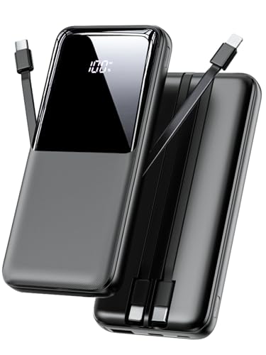 Portable Charger 15000mAh Power Bank with Built-in Cables & LED Display, Fast Charging for iPhone, Android - Black