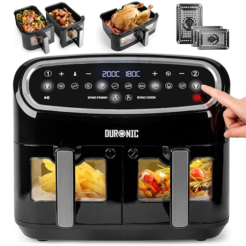 Duronic 10L Digital Air Fryer with Visual Window, Dual Zone, 10-in-1 Large Drawer - No Oil, Air Fry, Roast, Bake - Dishwasher Safe - Black
