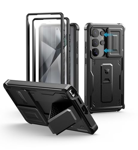 Dexnor Samsung Galaxy S25 Ultra Case with Slide Camera Cover & Kickstand, Shockproof Rugged Bumper - Black