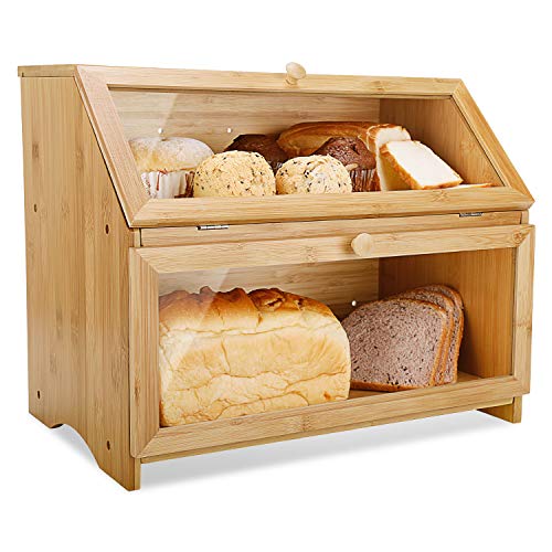 Leader Accessories Bamboo Bread Bin 2-Layer Box for Kitchen Storage - Large Capacity 15.3 x 9.8 x 12.6 inch