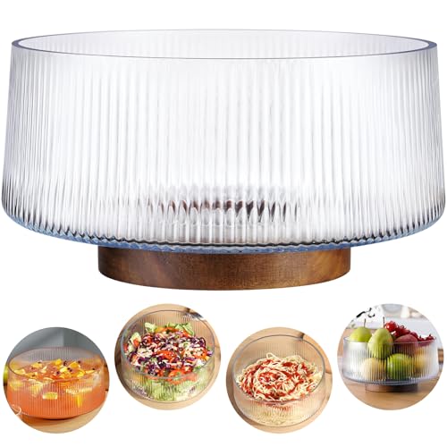 NiHome Glass Salad Bowl, Acacia Wood Base, Ribbed Design, Oversized Capacity for Family Dinners & Parties, Multipurpose Serving