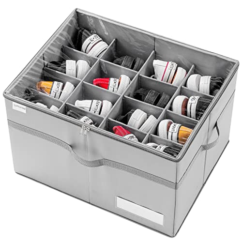 LUVHOMEE Shoe Organizer: Large Clear Box for 16 Pairs, Foldable Bins with Reinforced Handles, Space-Saving Grey Holder
