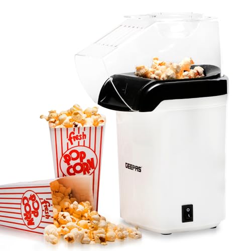 Geepas Popcorn Maker: Hot, Fresh, Healthy Theater-Style Popcorn | 1200W, Oil-Free, Attractive Design | On/Off Switch, 2-Year Warranty
