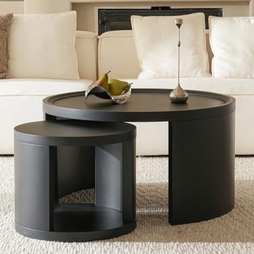 Cagnolier Round Coffee Table Set: Modern Pine Wood Side Table for Living Room Sofa, Space-Saving Design, 80x46cm Black