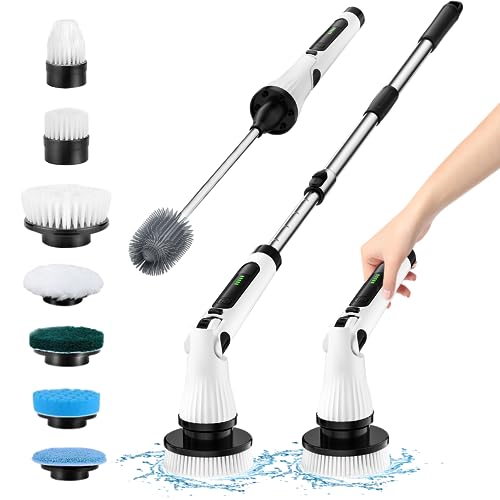 Leebein Electric Spin Scrubber: Upgraded Cleaning Tool with Long Handle & 8 Brush Heads - Remote Control Bathroom Floor Cleaner