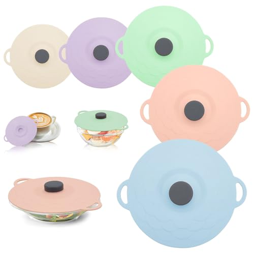 Silicone Suction Lids for Mugs, Bowls, Plates, Pots - Heat Resistant & Reusable - 5 Sizes