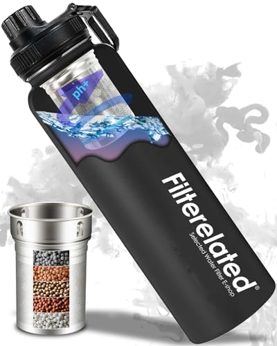 Stainless Steel Alkaline Water Bottle - Portable Sports Filter, pH 9+, 800ml - Ideal for Travel, Home, Health - Black