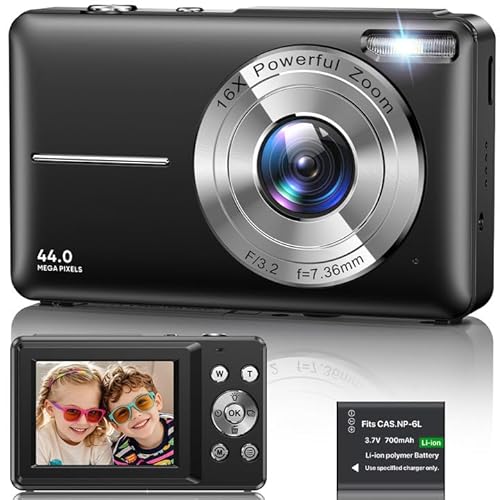 Compact Digital Camera 44MP 1080P, 16X Zoom, 2.4" LCD Screen, Vlogging for Kids, Beginners, Teens - Black