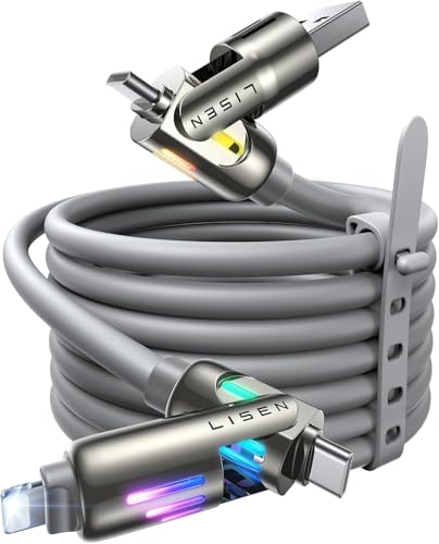 LISEN 4-in-1 Charger Cable: Type C/A to C/Lightning Cord, 2M, iPhone 17 Pro, MacBook, Samsung S25, PS5, Multiple Devices