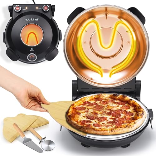 NutriChef 12-inch Pizza Oven: Temp Control, Viewing Window, Non-Stick Stone - Heats to 425°C - Easy Clean Home Pizza Maker - Black
