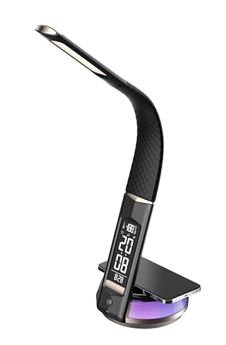 i-Smt LED Table Lamp Wireless Charging, Eye Protection, 9 Lighting Modes, Calendar, Time, Alarm, Temperature Display, Adjustable Gooseneck Arm, Neon Base