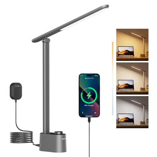 Honeywell LED Desk Lamp with USB Charging Ports, Dimmable Eye-Caring Sunturalux Light for Office Home, Foldable Table Lamp