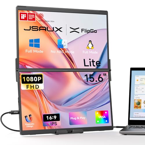 JSAUX FlipGo Lite 15.6 inch Dual Laptop Screen Extender - Portable Triple Monitor with Magnetic Design