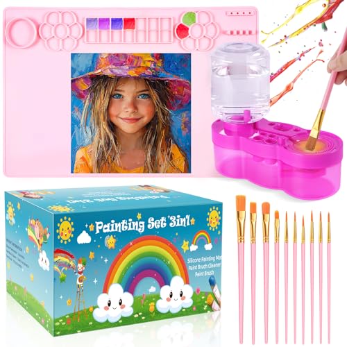 Kids Art Station: Silicone Painting Mat, Brush Cleaner, 10 Brushes - Ideal for Acrylic Painting, DIY Crafts - Pink