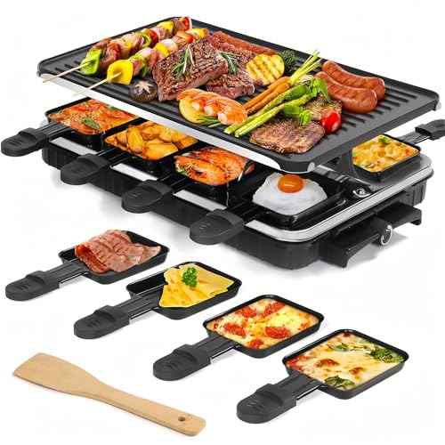 LeuKoles Raclette Grill for 8 People, 1300W Electric with Reversible Non-stick Pan & Mini Cheese Pans - Indoor BBQ & Party
