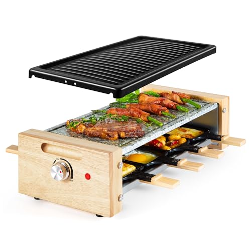 VonShef Electric Raclette Grill - 1200W Stone Machine for 8, Adjustable Temp, Scandi Wooden Design, 8 Mini Pans & Cool Handles