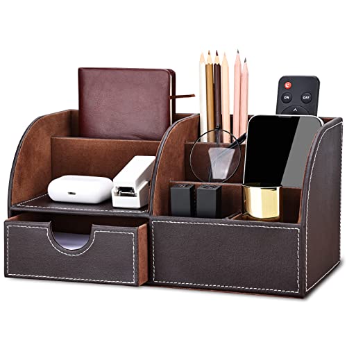 KINGFOM Leather Desk Organizer: Pen Pencil Holder Stationery Storage Box, Brown, Office Essentials