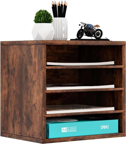 Senhoglb Wood Filing Trays 4 Compartments A4 Paper Organizer - Sturdy Desktop File Holder for Office, School, Home - Adjustable Shelf