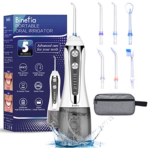 Binefia Cordless Water Flosser: 5 Modes, 360° Rotation, IPX7 Waterproof, 6 Jet Tips, USB Rechargeable