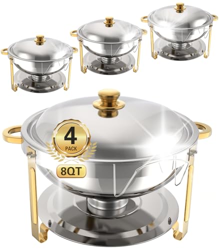 Beviliu 9L Buffet Set: 4 Pack Round Food Warmers, Gold Stainless Chafer - Perfect for Catering and Parties