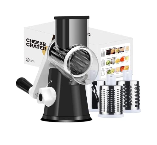 Ourokhome Rotary Cheese Grater - Vegetable Slicer with 3 Stainless Steel Drums, Strong Suction Base