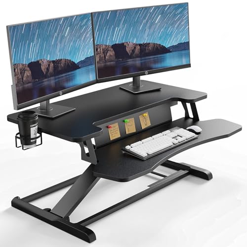 PUTORSEN Standing Desk Converter: 37'' Dual Tiered Sit-Stand Riser, Adjustable Workstation with Keyboard Tray, Cup Holder & Note Board