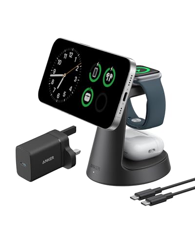 Anker MagGo Wireless Charger Stand: 3-in-1 Qi-Certified 15W, iPhone 13/14/15/16/17, Apple Watch, AirPods Pro - Adapter Included