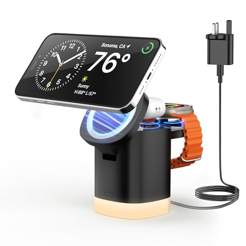 JoyGeek Wireless Charger Stand with Night Lights for iPhone & AirPods, Magnetic Dock for Apple Watch, Foldable Design - Black