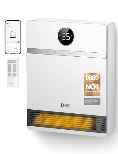 Dreo Smart Ceramic Space Heater, Silent 28dB, 30° Oscillation, Adjustable Thermostat, 24H Timer, IP24 Wall Mounted