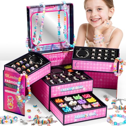 BLmukce Girls Charm Bracelet Making Kit: DIY Jewelry & Craft Set with Beads, Charms & Necklace Supplies - Ages 8-12 - Gift Box for Kids 4-8