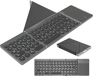 Portable Wireless Keyboard with Touchpad for iPad Tablet - Foldable Bluetooth, Pocket-Sized, PU Leather Cover - iOS, Android, Windows