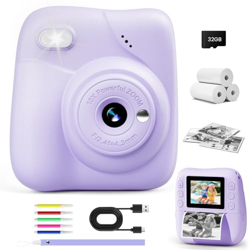 CAMCLID Kids Instant Print Camera, 1080P, 32G Card, 3 Rolls Paper, Childrens Toy Christmas Birthday Gifts 3-12 Year Olds Girls Boys
