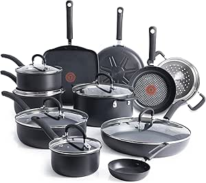 T-Fal Hard Anodized Nonstick Cookware Set 17 Piece with Fry Pan - Pots, Pans, Saute-Pan - Dishwasher Safe - Black