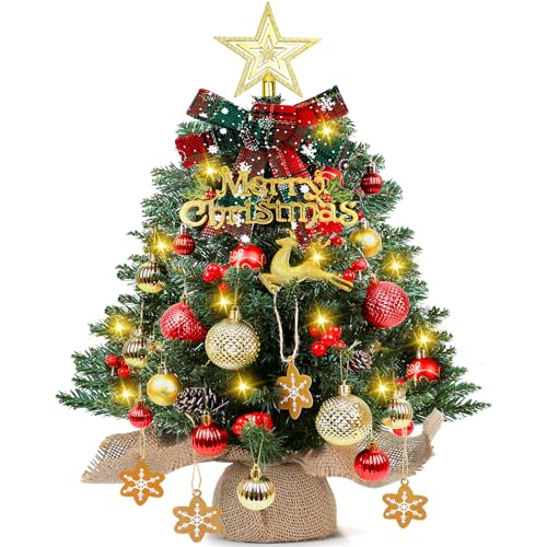 Mini Christmas Tree 24-inch LED Lighting, Battery Operated Xmas Tabletop Decoration with Ornaments - Warm White