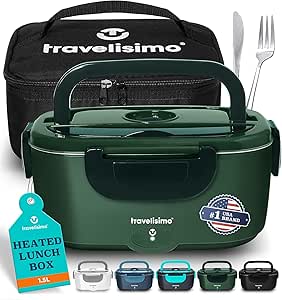 TRAVELISIMO Heated Lunch Box: 80W Portable Food Warmer, Stainless Steel, 1.5L, 12/24/110V, for Travel & Work