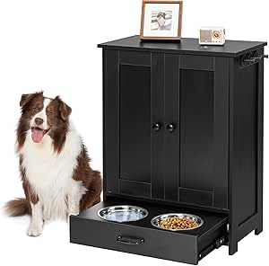 ALINE FURNITURE Dog Feeding Station: Storage Cabinet, 2 Elevated Bowls, Wood Organizer