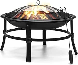 SINGLYFIRE Outdoor 26" Fire Pit: Heavy Duty Steel Bonfire Bowl for Patio, Backyard, Camping - Spark Screen, Log Grate, Poker