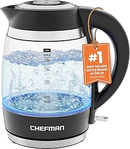 Chefman 1.8L Electric Kettle: 1500W, Auto Shut Off, Boil-Dry Protection, Stainless Steel Filter, BPA-Free