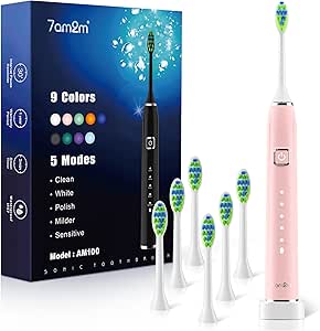 7AM2M Sonic Electric Toothbrush - 6 Brush Heads, 120-Day Charge, 5 Modes, Wireless Fast Charge - Pink