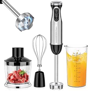 Bonsenkitchen Hand Blender: 20-Speed Turbo, Stainless Steel Blade, Egg Whisk, Beaker & Chopper - Stick Mixer for Soup, Smoothie