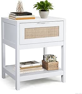 Modern Rattan Bedside Table: White Nightstand with Drawers, Metal Handle | Bedroom & Living Room Furniture, 19.7x15.7x23.6 inch