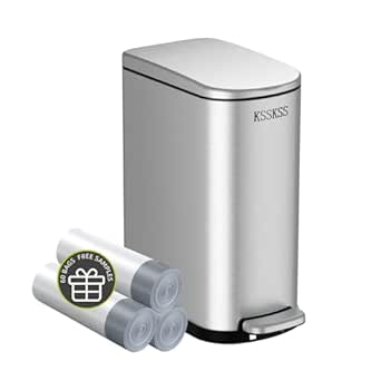 Slim 10L Stainless Steel Trash Can with Soft Close Lid for Narrow Spaces - Bathroom, Bedroom