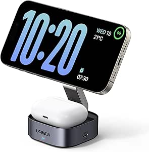 UGREEN MagFlow Wireless Charger Stand for iPhone & AirPods - Qi Certified, Magnetic Charging Station - Compatible with iPhone & AirPods