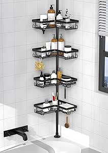 KEGII Corner Shower Caddy Tension Pole - Organizer for Floor to Ceiling, Towel Rack, Waterproof - Black, 25-114.2 inch