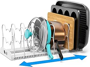 SIMPLE HOUSEWARE Pan Organizer Rack, Adjustable Compartments, White - Kitchen Cabinet Organizer for Pots, Pans, Bakeware