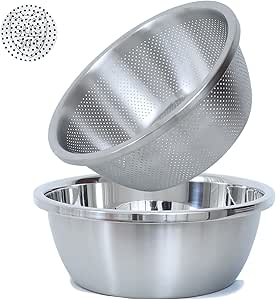 Stainless Steel Microporous Colander, 2.5QT Capacity with Mixing Bowl - Ideal for Washing Veggies, Fruits, Rice, Pasta