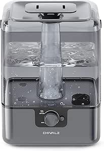 CHIVALZ 6L Cool Mist Humidifier for Bedroom & Nursery, Top Fill, Oil Diffuser, Large Room Home, Plants, 2 Mist Outlets Gray